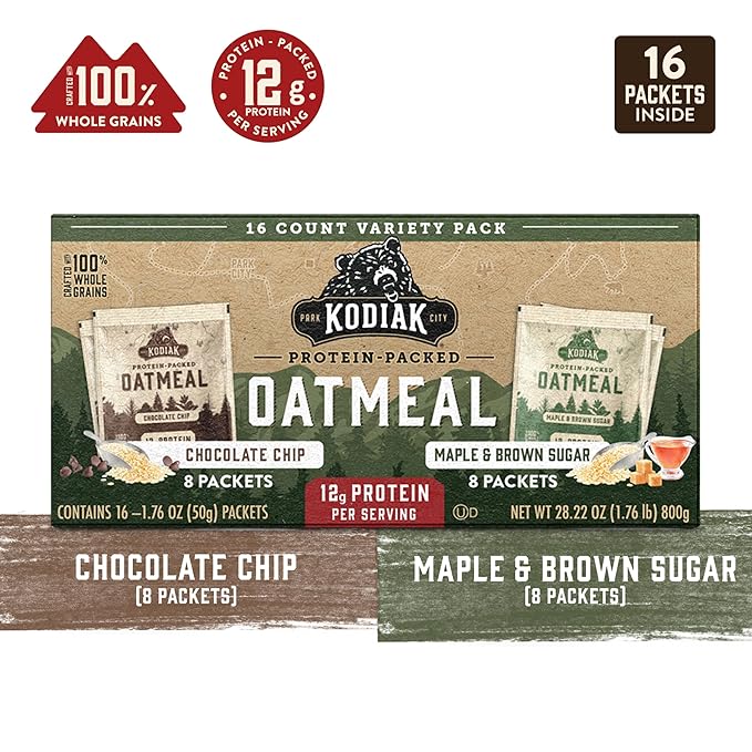 Kodiak Cakes Instant Oatmeal Packets - High Protein - 100% Whole Grains Breakfast Food - Maple & Brown Sugar & Chocolate Chip (16 Packets)