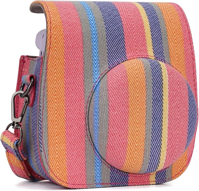 Frankmate Instant Camera Case Compatible with Fujifilm Instax Mini 11/9/8/8+ Canvas Bag with Pocket and Adjustable Shoulder Strap Mini Wallet Album (Stripe)