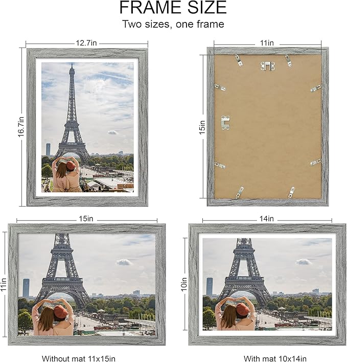 11x15 Picture Frame Set of 4, Made of Real Glass and Grey Frame - Display Picture 10x14 with Mat or 11x15 Without Mat, 11 by 15 Photo for Wall Mounting