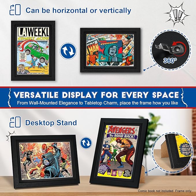 JupDec Comic Book Frame, Premium Wood Display Case for 6 11/16" × 10 3/16" Comic, Wall Mount or Tabletop Stand, Layered Design with Positioning Mat, Perfect for Home Decor, 1 Pack