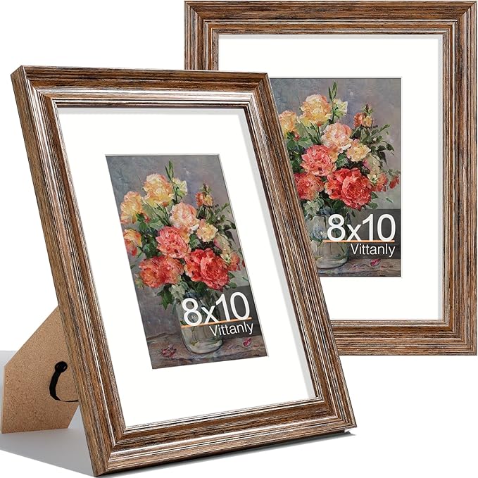 Vittanly 8x10 Picture Frames Set of 2, Ornate Vintage Photo Frame for Wall or Tabletop, Display 5x7 Pictures with Mat or 8x10 without Mat, Walnut Brown