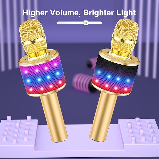 BONAOK Karaoke Microphone for Kids & Adults - Bluetooth Microphones Singing Mic with Disco Lights, Echo Effect, Built-in Speaker Portable Karaoke Player for Party Travel Gifts Q78(Gold)