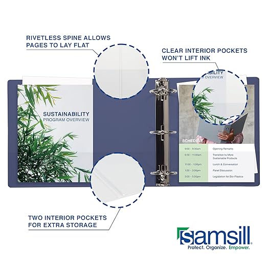 Samsill Durable 2 Inch Binder, Made in The USA, D Ring Binder, Customizable Clear View Cover, Midnight Blue, Holds 475 Pages