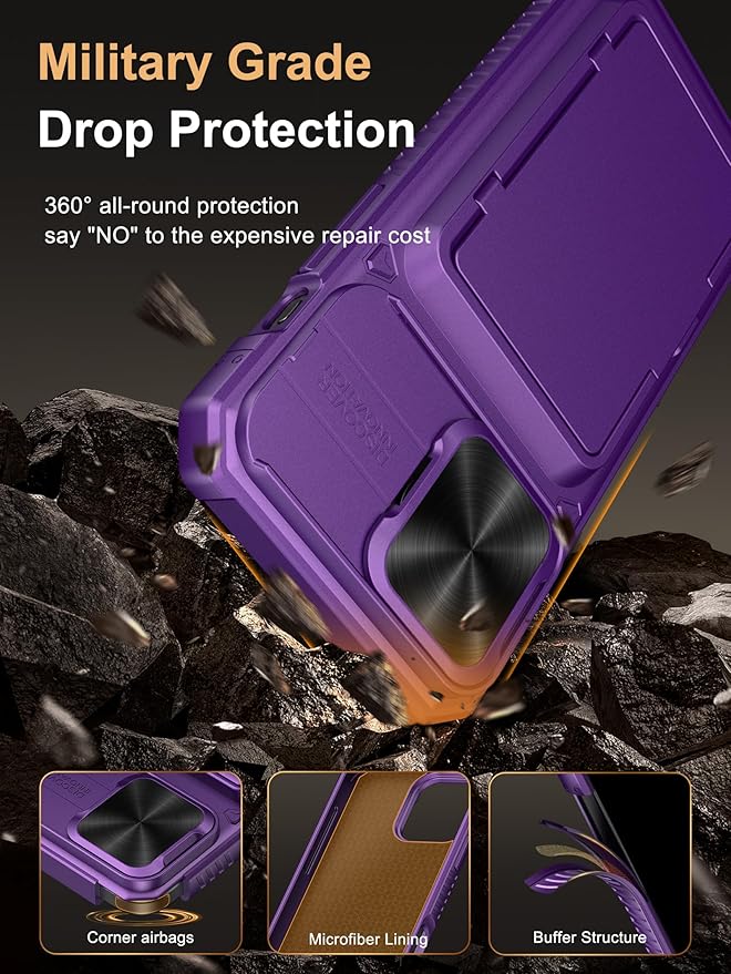Vihibii for iPhone 15 Pro Max Wallet Case with Card Holder (4 Cards) & Slide Camera Cover & Kickstand, Raised Edges Protect Screen, Rugged Hard Back Cover for iPhone 15 Pro Max, 6.7" 2023, Dark Purple