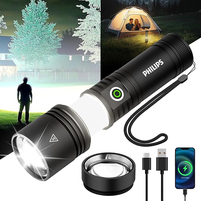 Philips Flashlights High Lumens Rechargeable with Ignition Lens,3000lm Tactical Flashlights with Camping Lamp,2 Colors Zoomable 5Modes Reverse Charging LED Bright Flashlight for Home Outdoor Gift