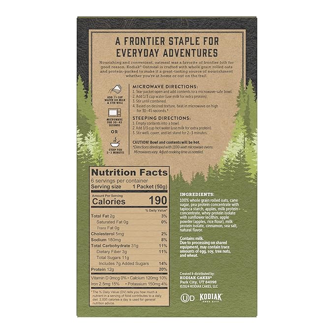 Kodiak Cakes Instant Oatmeal Packets, Apple Cinnamon, High Protein, 100% Whole Grains, 6 boxes with 6 packets each (36 packets)