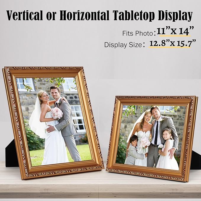 11×14 Picture Frame - Gold Picture Frames for Wall Hanging And Tabletop Display,Ornate Photo Frame,Vintage Frames,Christmas Frames,with Durable Plexiglass