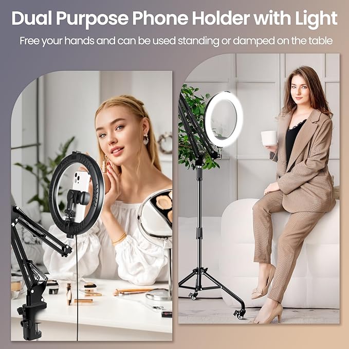 Ring Light Overhead Phone Mount with Casters, Dual-Purpose Floor/Desk Light Tripod for iPhone, Selfie Phone Tripod for Video Recording/Live Streaming/Cooking
