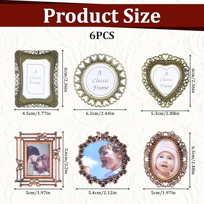 6 Pcs Mini Vintage Picture Frame 1 Inch Wallet Size Picture Frames Assorted Colors Tiny Metal DIY Photo Frames Tiny Metal Photo Frame for Tabletop Wall Display Old Fashioned Photoes Gallery Art Decor