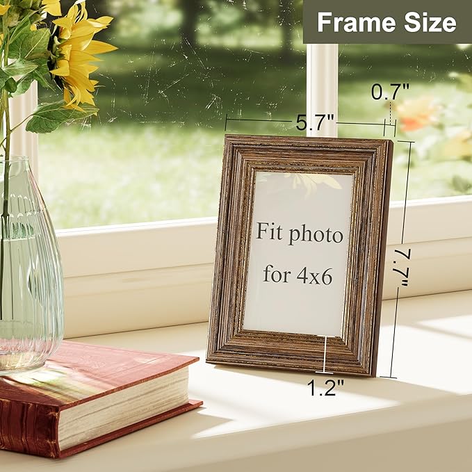 Vittanly 4x6 Picture Frame Set of 4, Vintage Photo Frame for Wall or Tabletop, Display 4x6 Pictures, Rustic Farmhouse Home Decor, Walnut