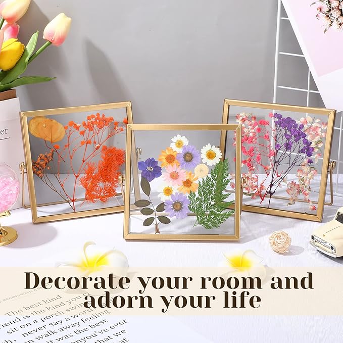 Hoteam 16 Pcs Gold Floating Frames 4 x 4 Inches Glass Photo Frames Vertical Vintage Metal Picture for Wedding Photo Picture Mounting Tabletop Display Office Decor(Gold)