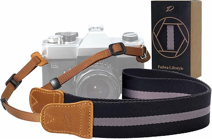 Padwa Lifestyle Black Grey Stripes Camera Strap - Double Layer Crazy Horse Cowhide End,1.5" Wide Pure Cotton Camera Straps,Adjustable Neck Shoulder Strap for All DSLR Cameras,Gift for Photographers