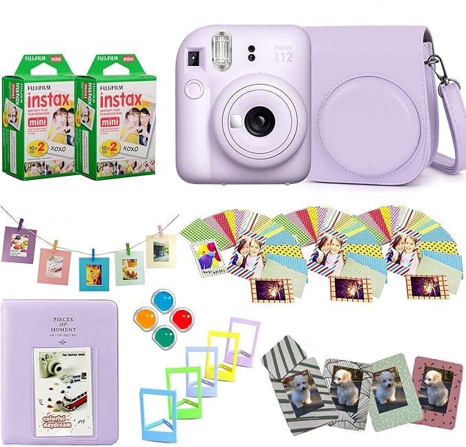 Fujifilm Instax Mini 12 Instant Camera + Pro Design Accessory Bundle with Protective Case, Magnetic Frames, Album, Frames Design Kit (40 Sheets) (Lilac Purple)