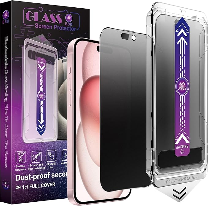 CHRYSHA 2 Pack Matte Privacy Screen Protector for iPhone 14 Pro/iPhone 15 / iPhone 16, 9H Tempered Glass, Full Coverage, Anti-Fingerprint, Auto Dust-Elimination, No Bubble, Easy Installation