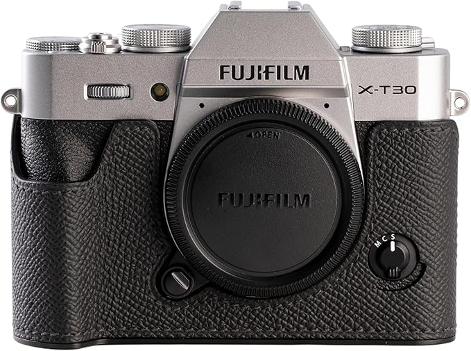 Handmade Genuine Leather Camera Half Case for FUJIFILM X-T30III /FUJIFILM X-T30III Camera Case/FUJIFILM X-T30III Case - Top Layer Cowhide Body + Metal Base Plate (Black)