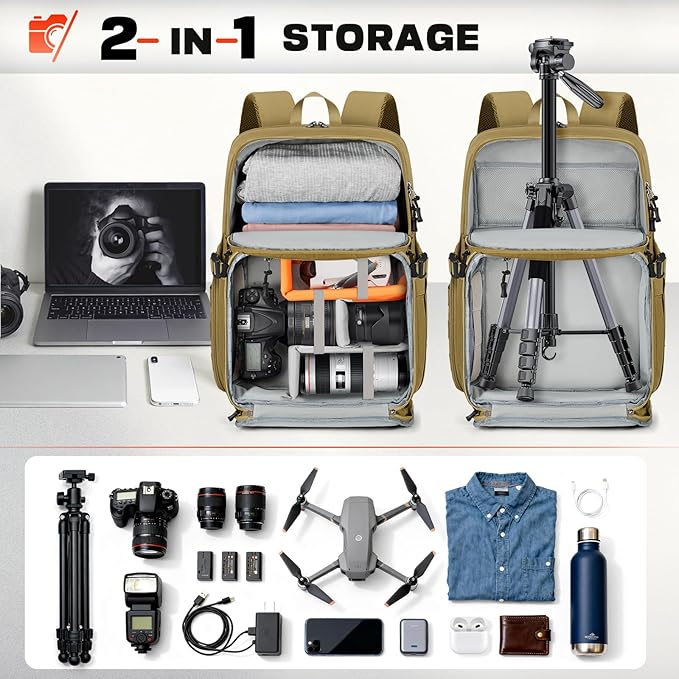 RAINSMORE Camera Bag Backpack for DSLR/SLR/Mirrorless Camera Bags for Photographers 15.6 Inch Waterproof Tactical Photography Backpack Case with Rain Cover & Tripod Holder, Khaki