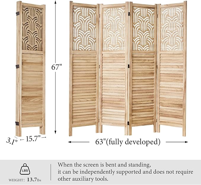 Folding Room Divider, 66.9 Inch 4 Panels Wood Carved Privacy Screens, Free Assembled Freestanding Portable Separation Wall for Home Office Bedroom (Natural)