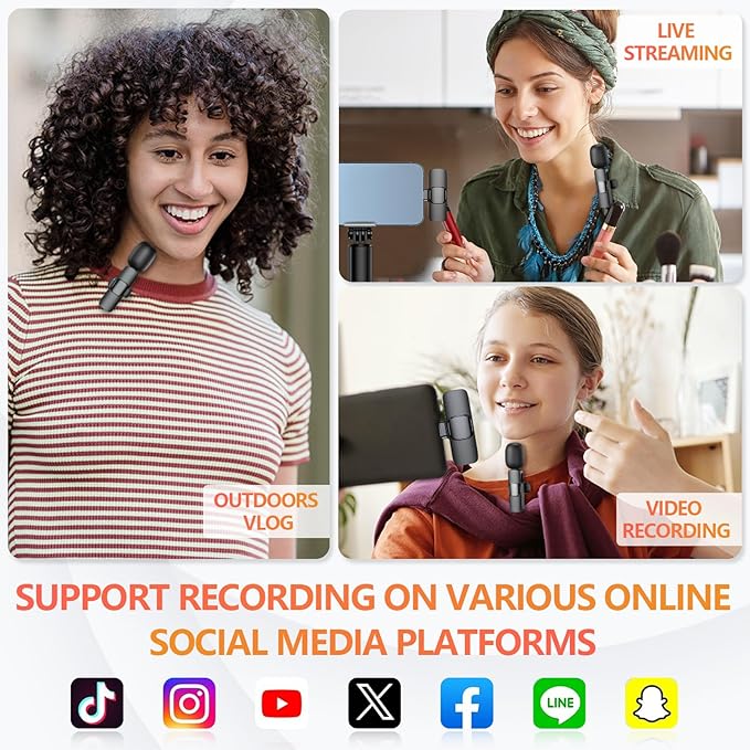 Wireless Microphone for iPhone, Android Phone, Laptop, 2 Pack Lavalier Microphone for Video Recording, Mini Mics with Noise Reduction for Podcast YouTube TikTok Vlog
