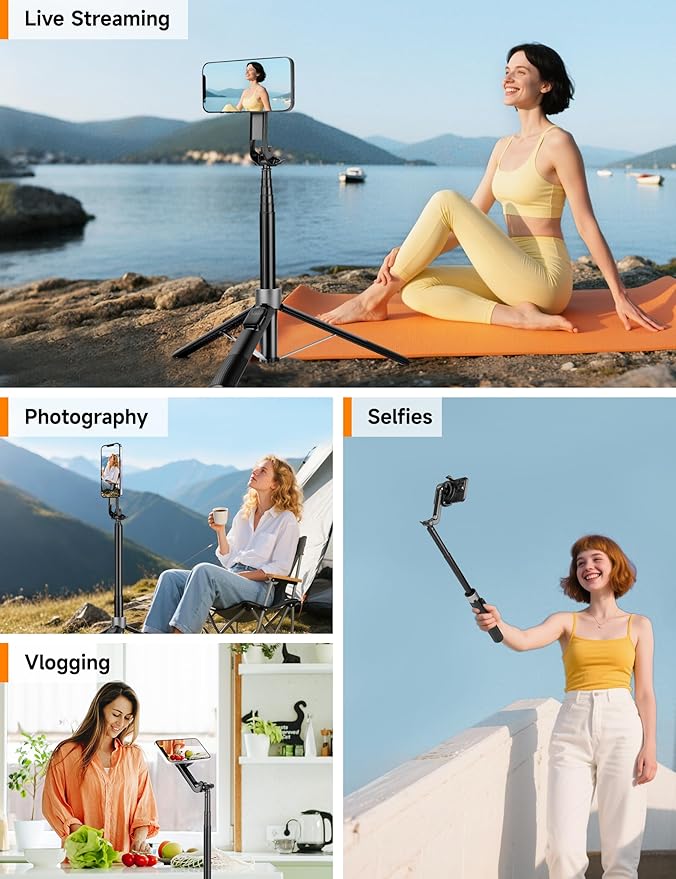 70" Magnetic Phone Tripod, Selfie Stick Tripod for iPhone Magsafe with Rechargeable Remote & 2 in 1 Magnetic Holder, Portable Cellphone Stand for Recording Travel, Compatible with iPhone and Android
