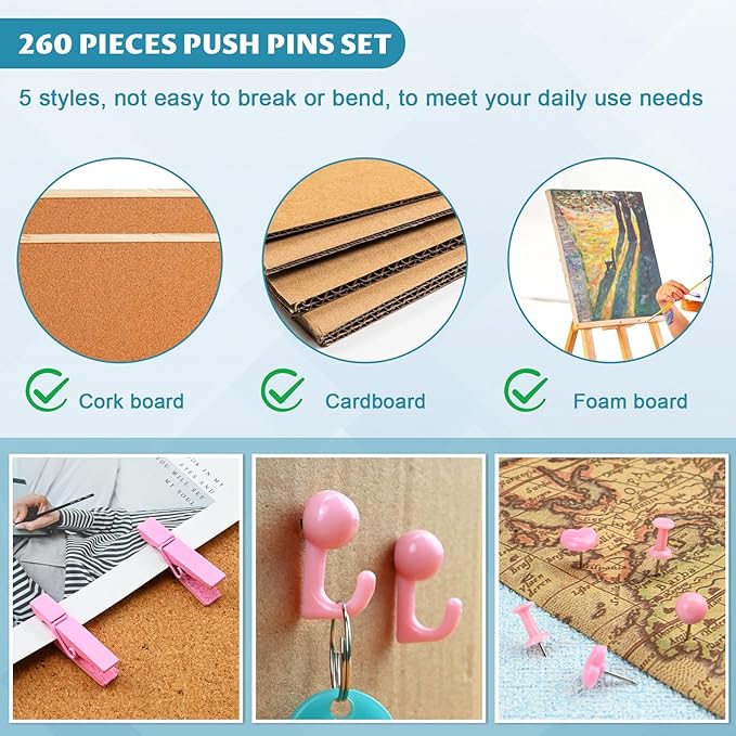 260 Pcs Push Pins Set 5 Styles Pink Thumb Tacks Cute Push Pins for Bulletin Board, Cork Board