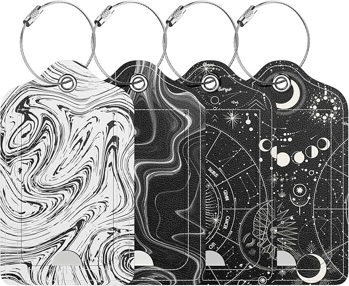 4 Pack PU Leather Luggage Tags for Suitcase, Travel Cruise Luggage Tag with Privacy Flap, Name ID Label and Metal Loop for Women Men Baggage Handbag School Bag Backpack, Ink Flower