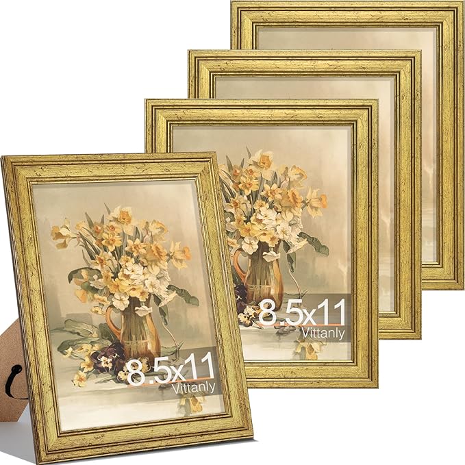 Vittanly 8.5x11 Picture Frame Set of 4, Vintage Photo Frame for Wall Mount, Display 6x8 Pictures with Mat or 8.5x11 without Mat, Rustic Farmhouse Home Decor, Gold