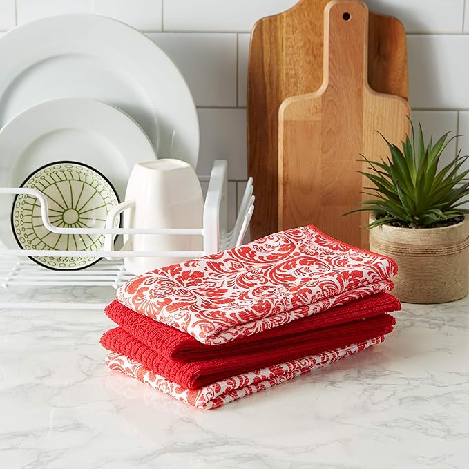 DII Cleaning Collection Multi-Purpose Microfiber, Red Damask, Dishtowel Set
