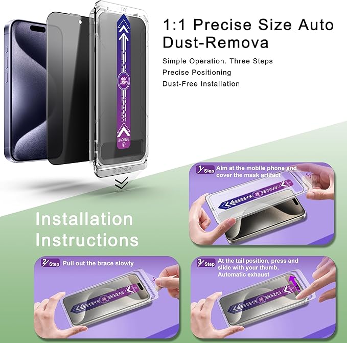 SHANG PIN JIA 2 Pack Privacy Screen Protector for iPhone 15 Pro 6.1-Inch Auto Dust Removal, No Bubbles,Anti-Spy Tempered Glass Film, Easy Installation