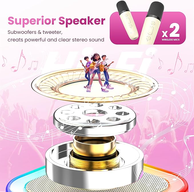 Karaoke Machine for Kids Adults, Portable Bluetooth Speaker with 2 Wireless Karaoke Mics Player,2026 TOP Birthday Gifts Toys for Girls 3,4, 5, 6, 7, 8+Years Old Toddler(Light Beige)