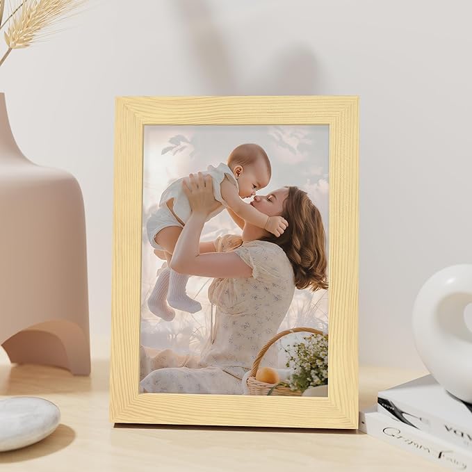 Vittanly 5x7 Picture Frame, Made of Solid Wood and Shatterproof Plexiglass, Wooden Photo Frame for Wall Mounting or Tabletop Display, Picture Frame for Home Decor with Stand, Natural, 1 Pack