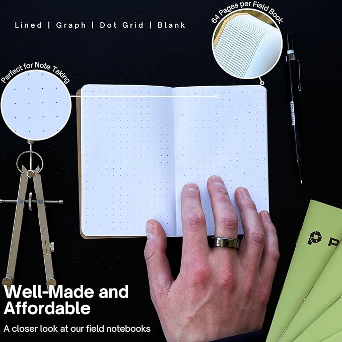 Portage Small Blank Notebook- Notepad for Field Notes, Green Blank Small Sketch Book, Pocket Notebook Journal for Taking Notes in the Field – 3.5 x 5.5 Inches, 64 Pages, (Pack of 6)