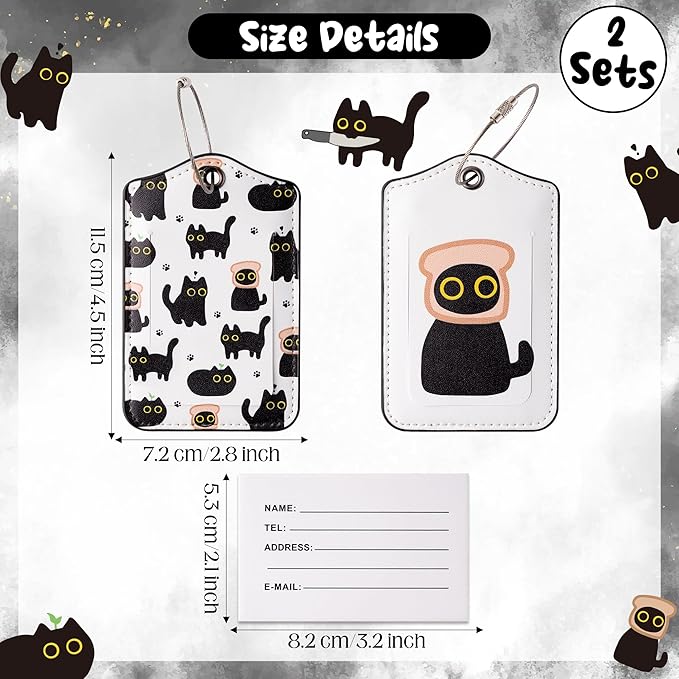 Laffact Black Cat Luggage Tag - 2 Sets Funny Kawaii Cartoon Black Kitten Cute Double Fabric PU Leather Luggage Tag Information Card Steel Loop for Women Men Suitcases Handbags Backpacks Cat Lovers