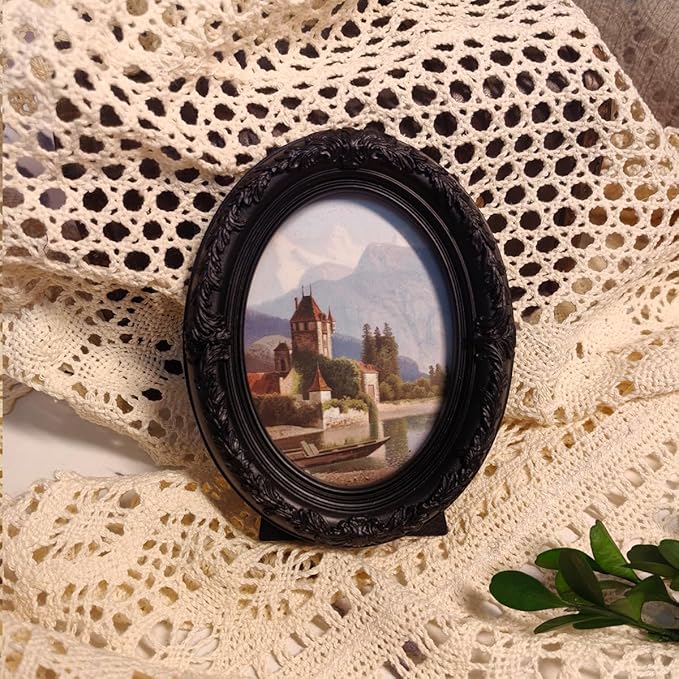 Vintage Oval Picture Frame,Classic Ornamental Photo Frame Antique Frame with Intricate Carvings,Tabletop Display and Wall Mount,Real Glass Front,Old-Fashion (Black, 2.5x3.5)