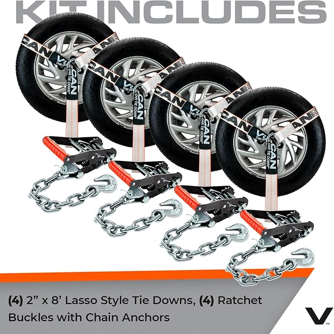 VULCAN Car Tie Down with Chain Anchors - Lasso Style - 2 Inch x 96 Inch - 4 Pack - Silver Series - 3,300 Pound Safe Working Load