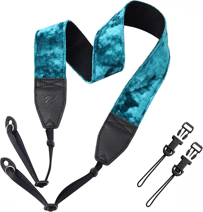 Padwa Lifestyle Peacock Blue Velvet Camera Strap - 2" Double Layer Full Grain Cowhide Leather Head Camera Straps for Photographers,Unique Soft Velvet Fabric with Quick Release fits all Cameras