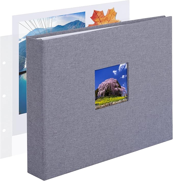1DOT2 8x8 DIY Small 3 Ring Scrapbook Photo Album Journal with 30 Plastic Sleeves 60 Pages and Fabric Cover for Baby Travel Wedding Couple Anniversary Kids Adventure (Gray/White Pages)