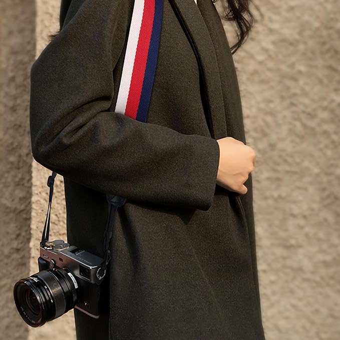 Padwa Lifestyle Stripes Camera Strap - 2" Wide Genuine Leather Ends Camera Straps for Photographers, Vintage Blue, Red, and white Stripes Nylon Strap with Camera Quick Release fits All Cameras
