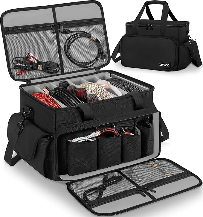 Cable File Bag With Adjustable Dividers Dj Gig Bag for Cables, Cords,DJ Gear,Sound Instrument and Accessories 16L x 11W x 12H inch, Grey