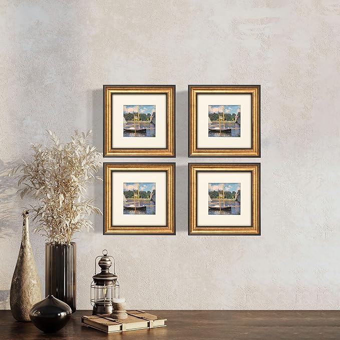8x8 Real Wood Antique Gold with Dark Brown Trim Picture Frame - Easel Stand, Sawtooth Hanger Tabletop and Wall Hanging Display, Glass Cover, Matted for 5x5 Photos, Frinearts