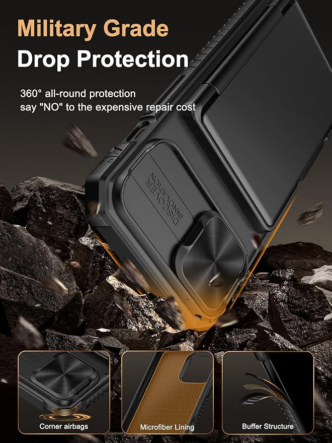 Vihibii for iPhone 15, iPhone 14, and iPhone 13 Case with Card Holder (4 Cards) [RFID Blocking] & Slide Camera Cover, Military Grade Drop Protection, Rugged Hard Back & TPU Silicone Phone Case, Black