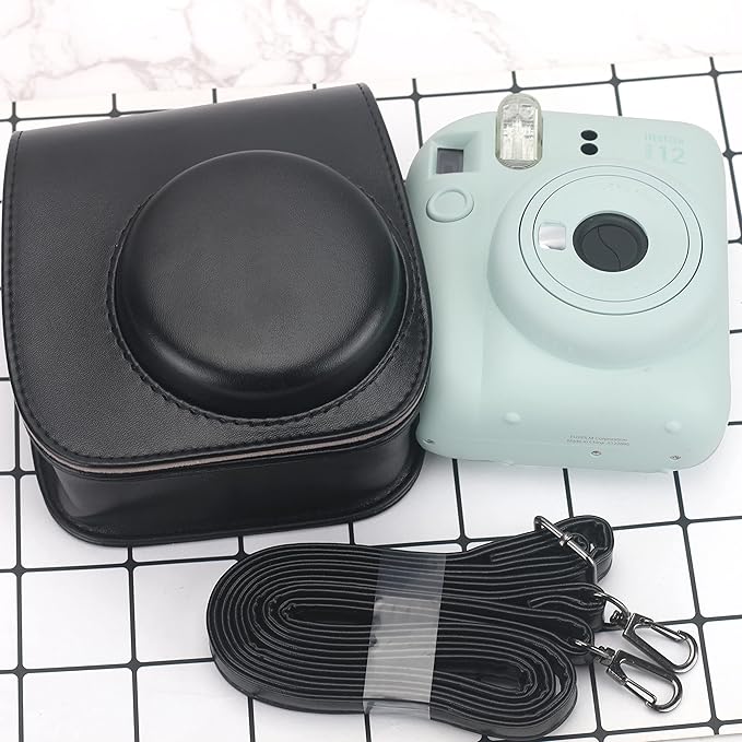 Frankmate Protective Case Compatible with Fujifilm Instax Mini 12 11 9 8 Instant Film Camera with Pocket and Adjustable Strap (Black)