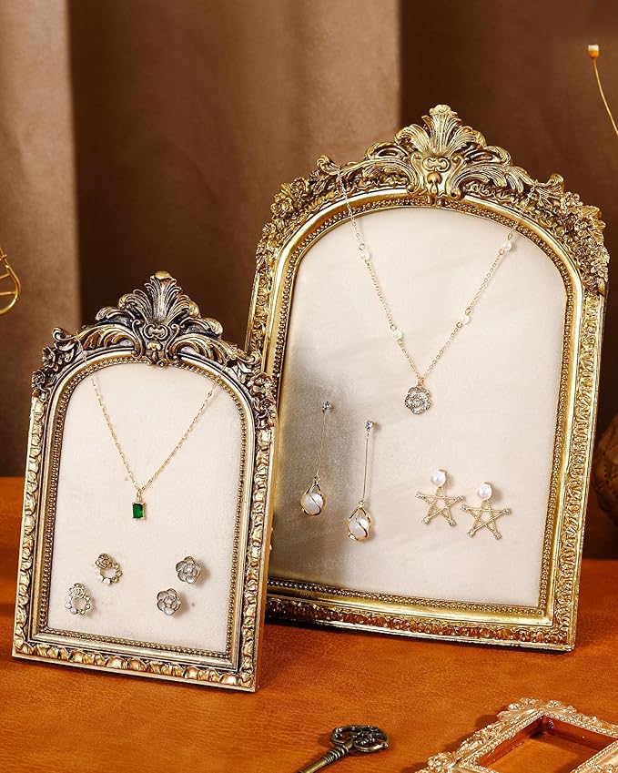 2 Pcs Gold Jewelry Display Stand Vintage Necklace Organizer Ring Holder Earring Tray Resin Jewelry Photography Props Frame with Velvet Backing for Gifts(White,Large,Small,Elegant)