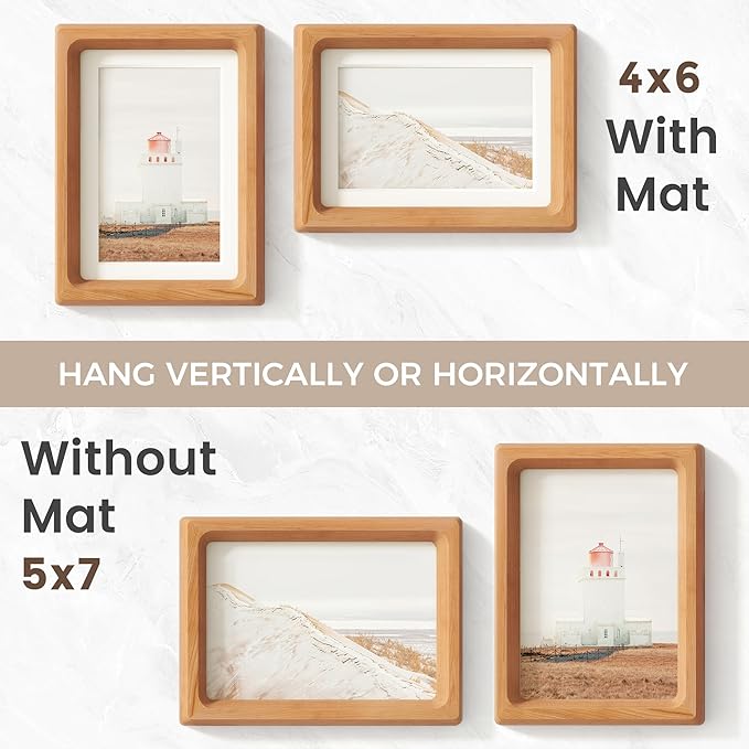 5x7 Picture Frame, USA-Sourced Natural Cherry Wood Photo Frame with Tempered Glass, Handcrafted Rounded Corner 5 x 7 Wooden Frame Matted to 4x6 Photos, Wall or Tabletop Display