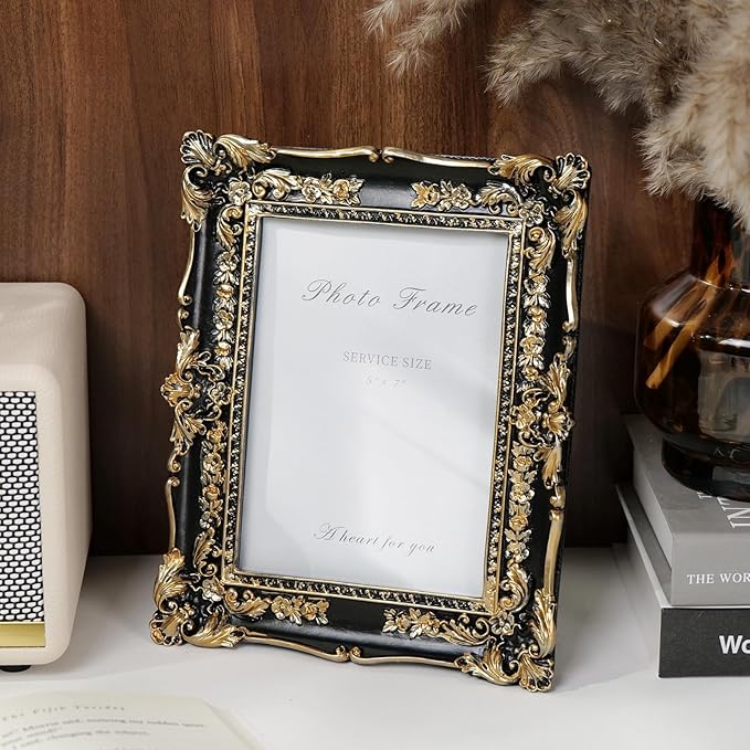 Cuspin 5x7 Picture Frame Black and Gold Frames, Vintage Baroque Handcrafted Resin Frames with Glass Front, Ornate Textured Design Decorative Picture Frame for Tabletop & Wall Display