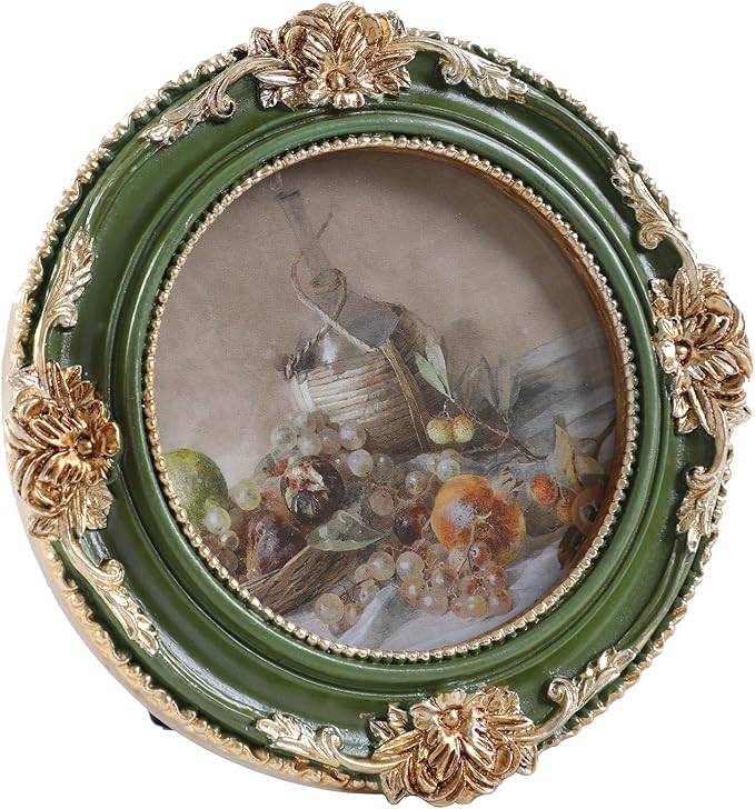 Vintage Picture Frames 3x3 Ornate Green and Gold Antique Pictue Frames with Real Glass Cover for Wall & Tabletop Display Victorian Home Decor Gallery Wall Decor,Round