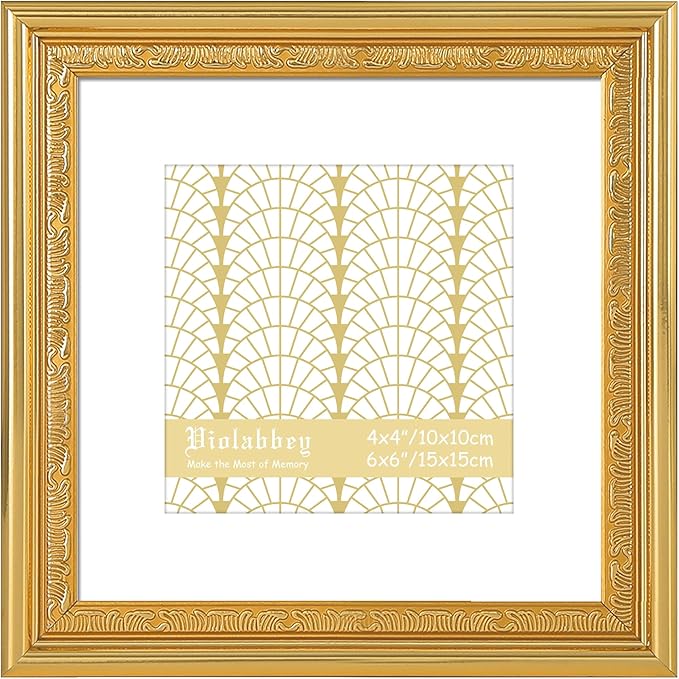 VIOLABBEY 6x6 Gold Picture Frame, Display 4x4 Photo with Mat or 6x6 without Mat, Ornate Vintage 6 x 6 Gold Frame for Wall Decor or Tabletop Display
