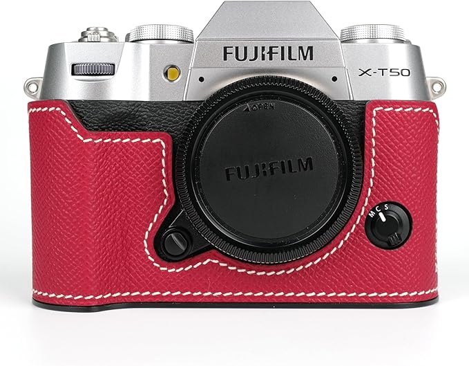 Handmade Genuine Leather Camera Half Case for Fujifilm X-T50/Fujifilm X-T50 Camera Case/Fujifilm X-T50 Case - Top Layer Cowhide Body + Metal Base Plate (China Red)