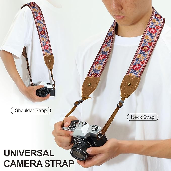 Padwa Lifestyle 2" Wide Classic Crazy Horse Art Cowhide Head Camera Strap - Jacquard Embroidery Floral Vintage Camera Straps for Photographers Gift, Adjustable Shoulder Neck Strap Fits DSLR Cameras