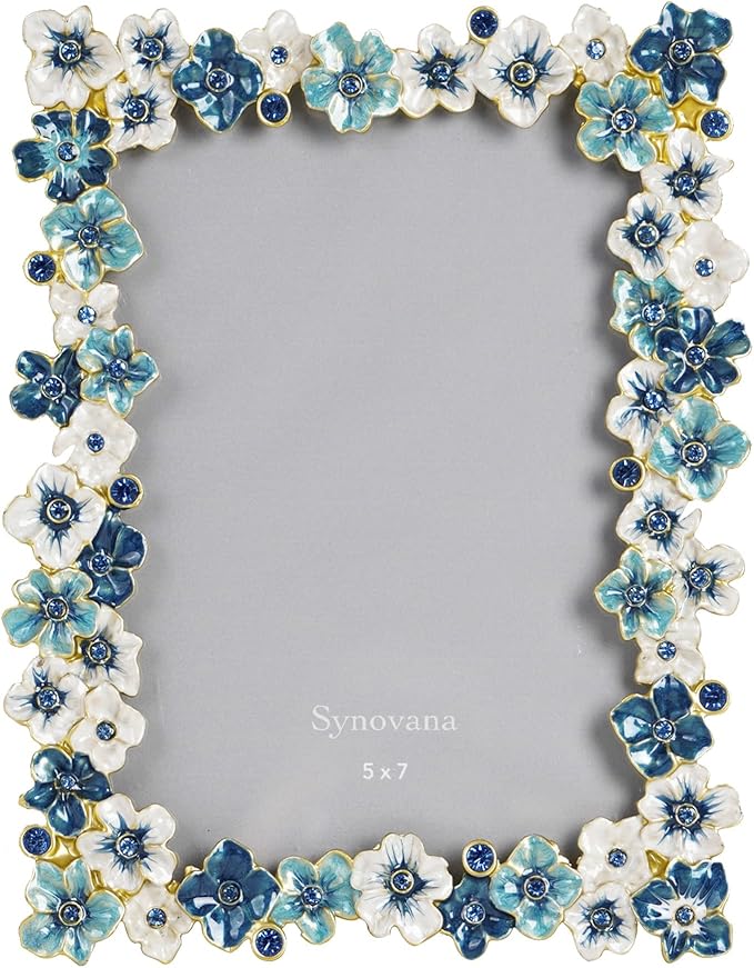 Blue Flower Picture Frame 5x7 Blossom Photo Frame for Tabletop Display, Decorative Flower Design Home Decor