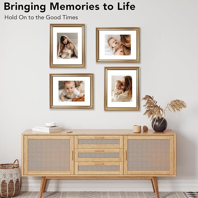 11x14 Vintage Picture Frame with 8x10 Mat Set of 2, Elegant Retro 11 by 14 Photo Frame with Shatter-Resistant Plexiglass for Wall Hanging, Gallery Decor & Gift, Gold, 2 Pack